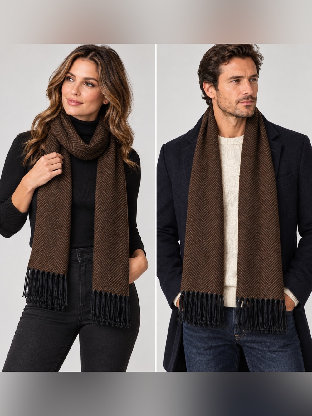 Mucros Weavers Workshop Handwoven Ireland Herringbone Scarf Brown Black unisex